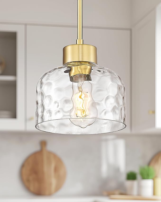 2-Pack Pendant Lights Kitchen Island, 8" Brushed Gold Hanging Light Fixtures with HHammered Glass, Modern Brass Kitchen Pendant Lighting Over Island for Dining Room, AD-24024-1P2L-GD-H