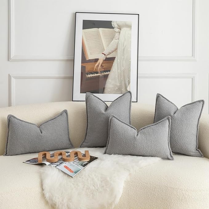MANDIOO Pack of 2 Decorative Throw Pillow Covers Accent Solid Woven Textured Cushion Covers Pillow Cases Bedroom Living Room Sofa Home 12 x 20 Inch Light Gray