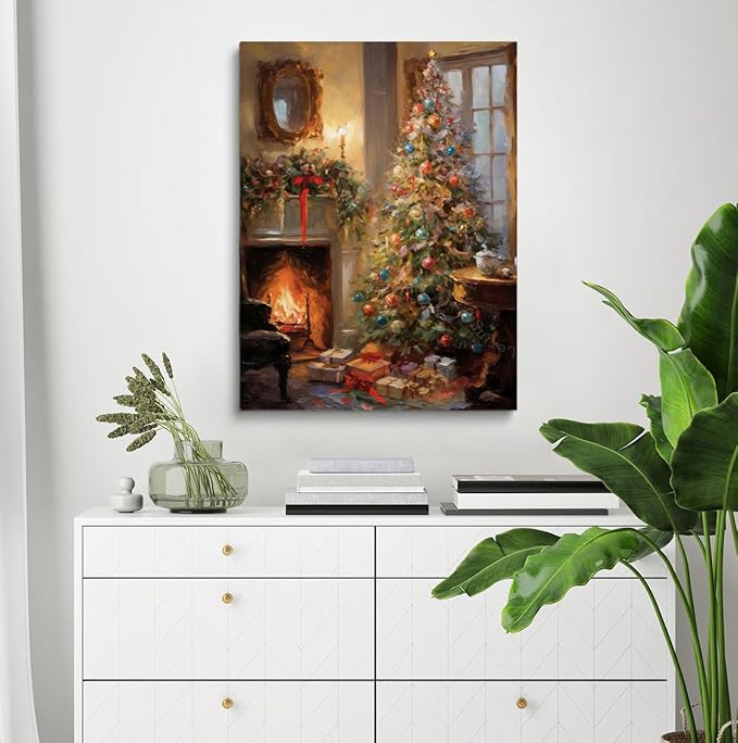 Vintage Cottagecore Christmas Tree Art - Oil Paint Living Room Wall Art, 24x36inch Unframed