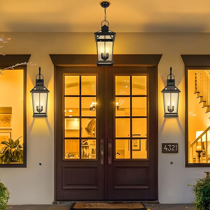 JYZ Outdoor Pendant Light Fixture, 20 Inch Waterproof Black Hanging Lantern with Clear Glass, Anti-Rust Exterior Chandelier for Porch, Patio, Entryway, Front Door JYOPL06-L