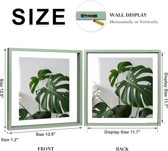 Egofine 12x12 Floating Frames Set of 2, Double Plexiglass Picture Frame, Made of Solid Wood Display Any Size Photo up to 12x12, Wall Mount or Tabletop Standing, Green