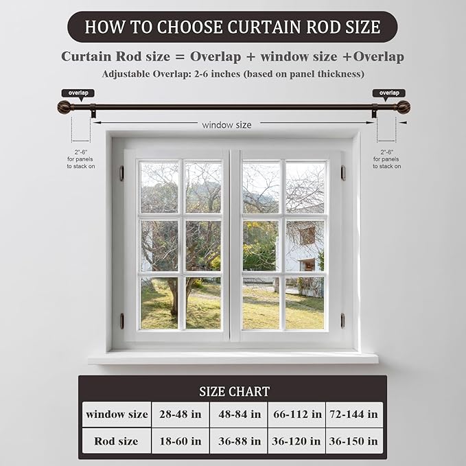 Oneach Brown Curtain Rods for Windows 72 to 144 Inch, 7/8" Adjustable Heavy Duty Decorative Drapery Rods with Round Netted Texture Finials (Pack of 1, 36 to 150 Inch)