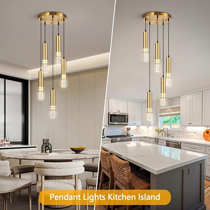 Pendant Lights Kitchen Island, Crystal Pendant Light Fixtures Mini 30W LED Modern Kitchen Pendant Lighting Over Sink and Living Room and Bedroom (Gold 5 Light)