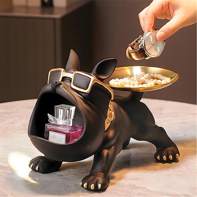 Resin French Bulldog Tray Statue, Bulldog Candy Dish Key Holder Bowl, French Bulldog Accessories, Statues for Office Desk Home Decor Figurines Entryway Table Decor (Black)