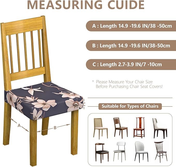 Stretch Dining Chair Seat Covers Set of 6,Dining Chair Slipcovers, Floral Printed Chair Covers,Soft Fabric Washable Upholstered Chair Seat Protector, No Rear Covers for Home Kitchen Dining Room