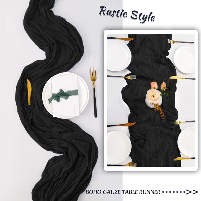 10 Pack Black Cheesecloth Table Runner,10FT/120 Inch Boho Gauze Fabric Table Runner,Rustic Sheer Black Cheese Cloth Runner Bulk for Wedding,Bridal Baby Shower,Birthday Party,Holiday Home Table Decor