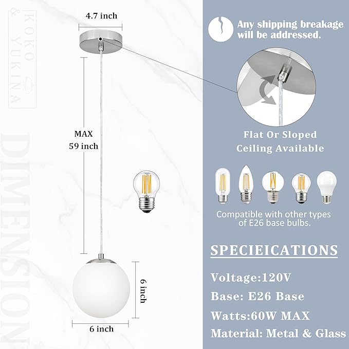 KoKo&Yukina 6 Inch Globe Pendant Light Nickel Globe Pendant Lights Kitchen Island Mid Century Light Fixture with Milky White Glass Shade for Dining Room (2 Pack)