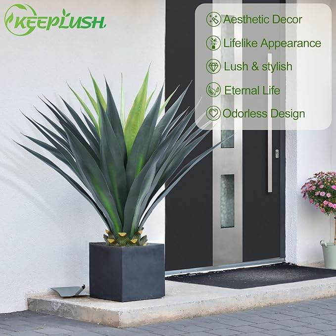 3ft Artificial Agave Plant, 38 Inch Tall Faux Agave Plants in Black Pot, Fake Floor Plant Outdoor Indoor for Front Porch Patio Home Office Door Step Hotel Desert Style Decor 2PCS