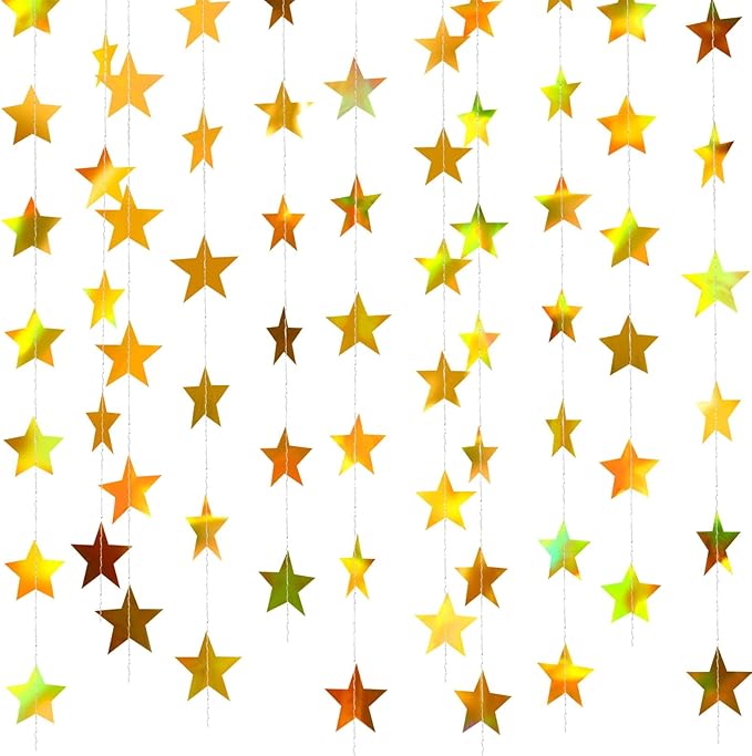 Patelai Glitter Star Garland Banner 2026 New Years Decor 130 Feet Star Hanging Banner Twinkle Backdrop for Birthday Classroom Wedding Christmas Party Supplies(Iridescent Gold)