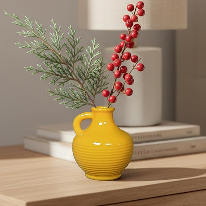 Sunddo Yellow Ceramic Vase 6 Inch - Small Modern Decorative Vase with 1 Handle for Home Decor, Living Room, Kitchen, Shelf, and Centerpiece Table Decorations