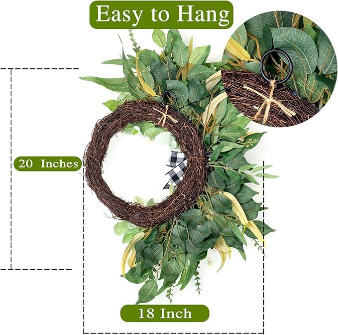 Front Door Wreaths for All Seasons Outdoor Indoor, 20'' Green Artificial Half Moon Wreath with Lambs Ear Eucalyptus Bow, Spring Summer Farmhous Porch Decor