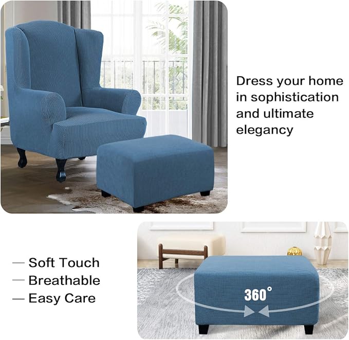 H.VERSAILTEX Ottoman Cover Slipcover Rectangle Fit Length 33'-38' Footrest Sofa Slipcovers Stool Cover Footstool Protector Covers Feature Stretch Thick Jacquard Fabric Removable Washable - Dusty Blue