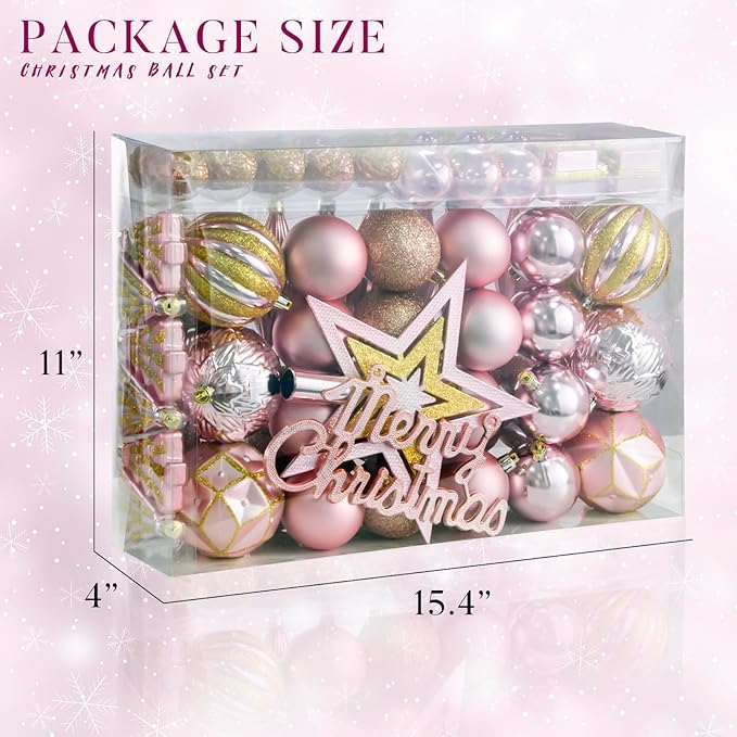 LARAINE Christmas Balls Ornaments 88 Pcs Decorations for Christmas Tree, Shatterproof Hanging Ball Variety Gift Set of Holiday Party Wedding Decoration (Rosegold)