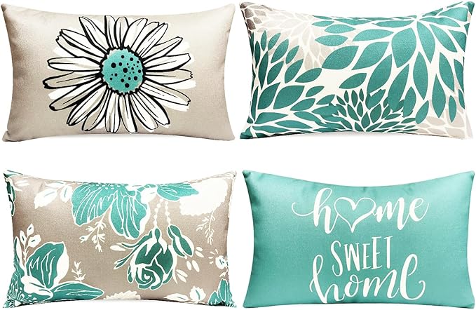 Decorative Throw Pillow Covers Set of 4 Teal Pillow Covers 12x20 inch Throw Pillow Cases Linen Square Pillow Case,Farmhouse Outdoor Modern Boho Pillow Covers for Couch Sofa Living Room