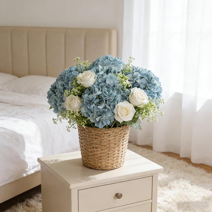 Kimura's Cabin 2Bouquets Fake Hydrangea Flowers Vintage Artificial Silk Hydrangeas Flower 10Heads Faux Floral for Home Table Centerpieces Wedding Party Decoration(Sky Blue