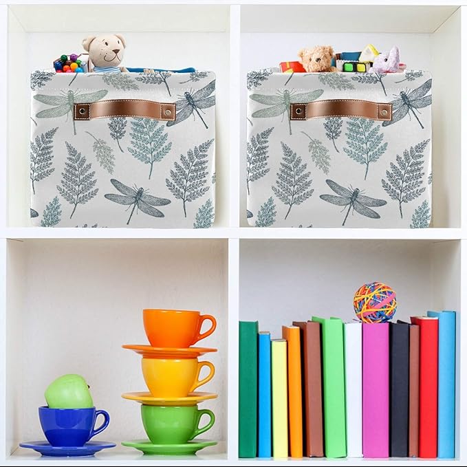 susiyo Large Foldable Storage Bin Fern Botanical Dragonfly Fabric Storage Baskets Collapsible Decorative Baskets Organizing Basket Bin with PU Handles for Shelves Home Closet Bedroom Living Room-2Pack