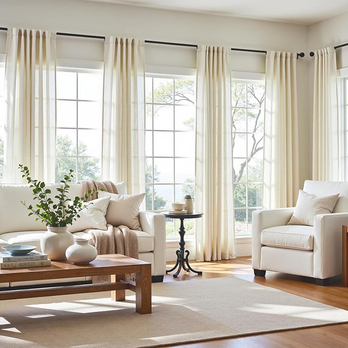 jinchan Linen Blend Curtains 90 inch Length 2 Panels for Bedroom Living Room, Light Filtering 50 inch Wide Farmhouse Drapes with Rod Pocket Back Tab(50W x 90L, Ivory)