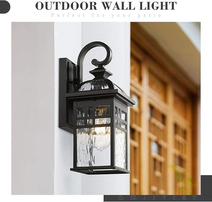 Emliviar Farmhouse 15 Inch Patio Wall Light Fixture, 1-Light Outdoor Wall Light with Water Ripple Glass, Black Finish, DE281B BK-WP