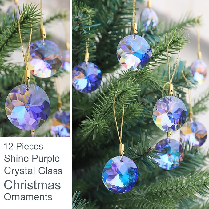 12 Pcs Crystal Glass Christmas Balls Ornaments, 1.18″ Mini Round Prism Flower Xmas Tree Decorations, Hanging Ornament for Wedding Party Home Decor (Purple)
