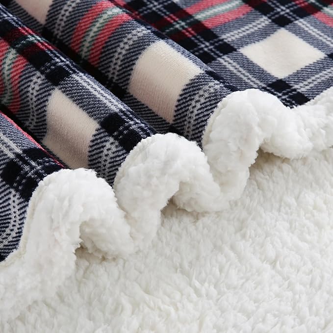 PU MEI Sherpa Fleece Throw Blanket 60" x 80" Reversible Plush Fluffy Large Big Blanket Lattice Flannel Blankets for All Season Use, White Check