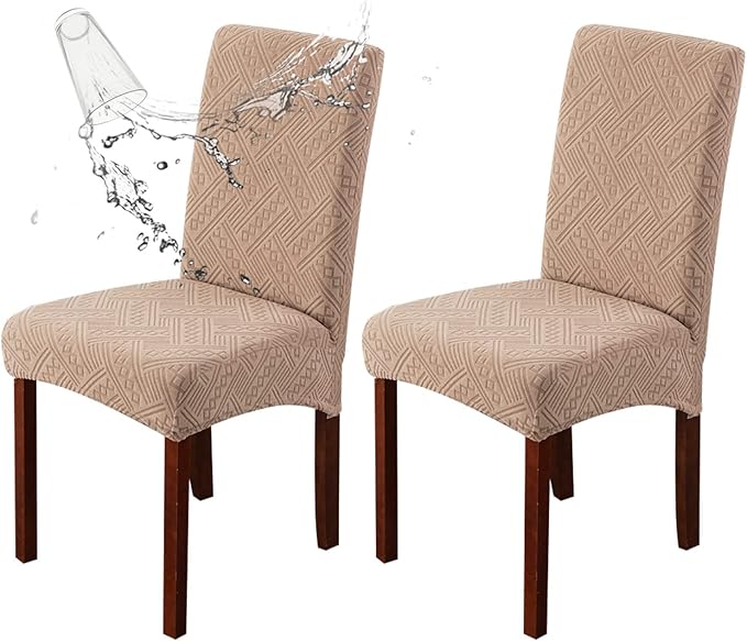 Genina Waterproof Dining Room Chair Covers Stretch Parsons Chair Slipcovers for Dining Room Kitchen Chair Protector Cover, Removable, Washable (2, Pattern1-Khaki)