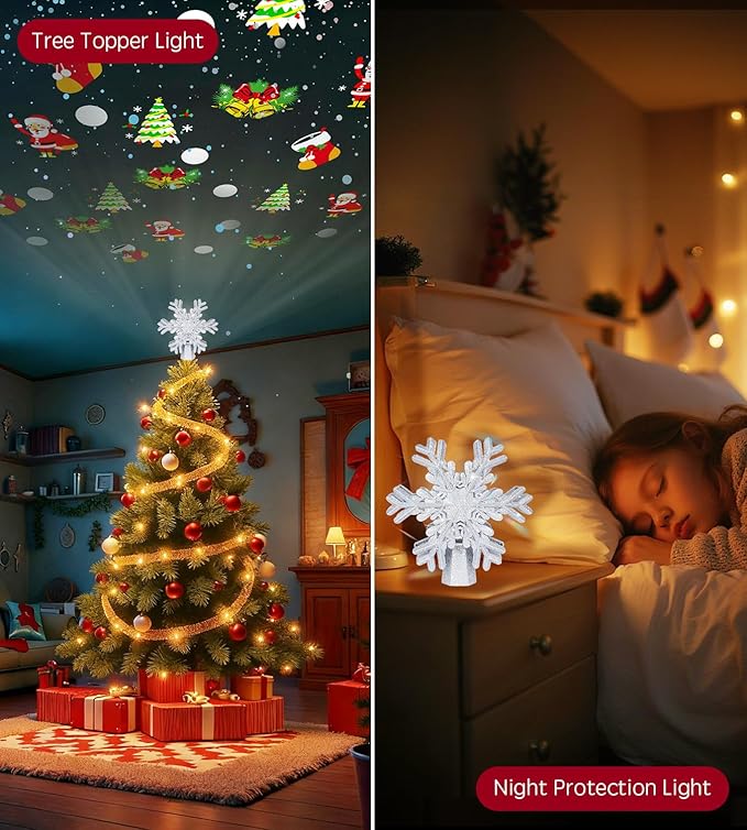 Christmas Tree Topper Lighted Decorations, Built-in Led 360° Rotating Projector Lights, Silver Spangles Plug in for Indoor Home Xmas New Year Party Holiday Night Tree Decor