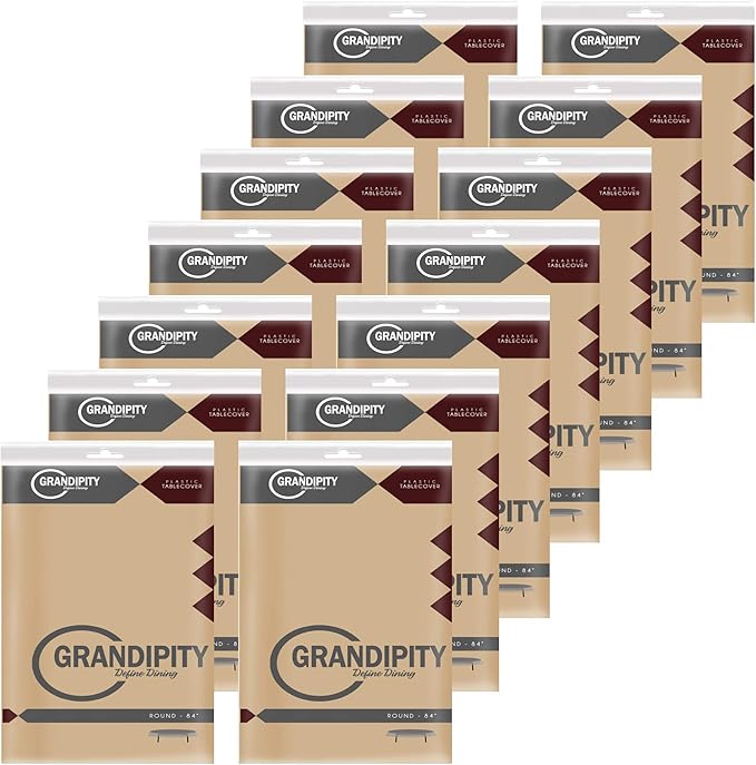 Grandipity 12 Pack Premium Disposable Plastic Tablecloth 84" Inch Decorative Round Table Cover - Beige