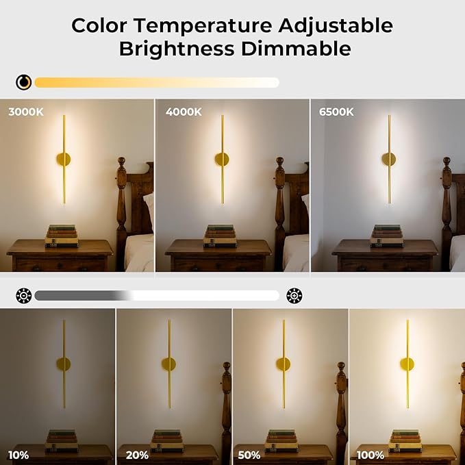 1 Pack Battery Operated Wall Sconce Detachable 360°Rotate, Wireless Wall Light 3000-6500K Dimmable, 10000mAh Rechargeable Wall Lamp for Bedroom, Living Room，28 Inch Gold