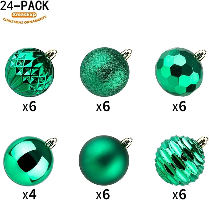 XmasExp 24ct Christmas Ball Ornaments Shatterproof Xmas Tree Hanging Balls Decorations Perfect for Holiday Wedding Christmas Decor (Malachite Green, 2.36")