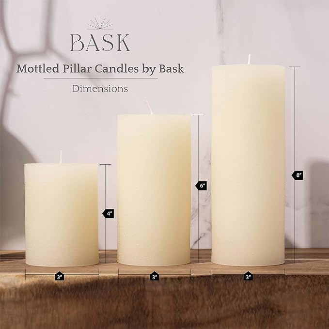 BASK Mottled Pillar Candles - Unscented Ivory Pillar Candles Set of 3 - Dripless, Smokeless for All Occasions