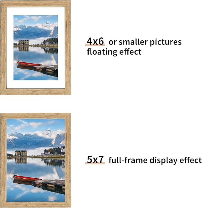 5x7 Floating Picture Frames Set of 2, Double Glass Photo Frame Wooden Frame for Wall Mount or Tabletop Displays for 3x5, 4x6 inch Pictures, Plane Edge Frames, Natural