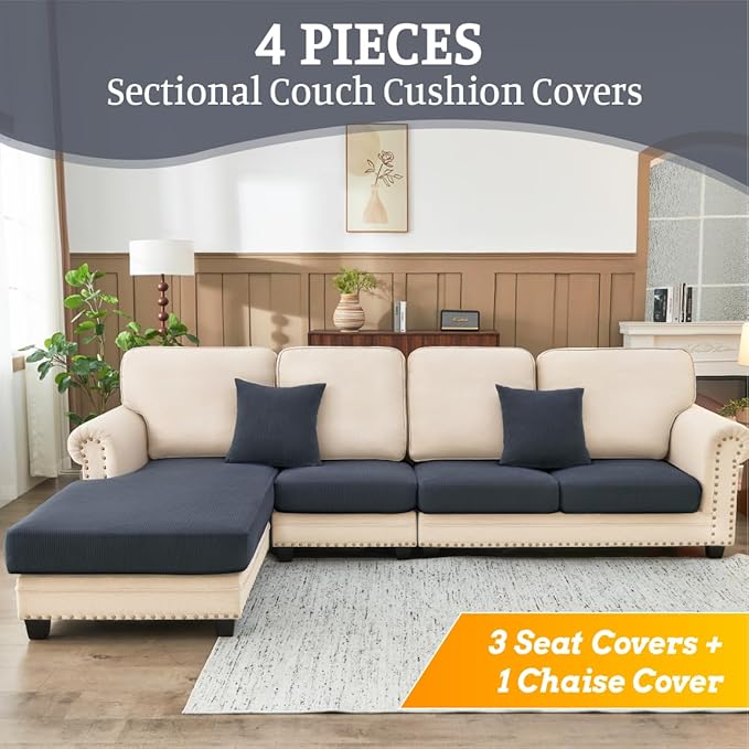 Sectional Couch Covers for Sofa Cushion L Shaped Couch Cover Washable Soft Couch Cushion Covers Stretch Sofa Slipcovers with 2 Pcs Pillowcases(4-Piece 3 Seater + 1 Chaise, Dark Grey)