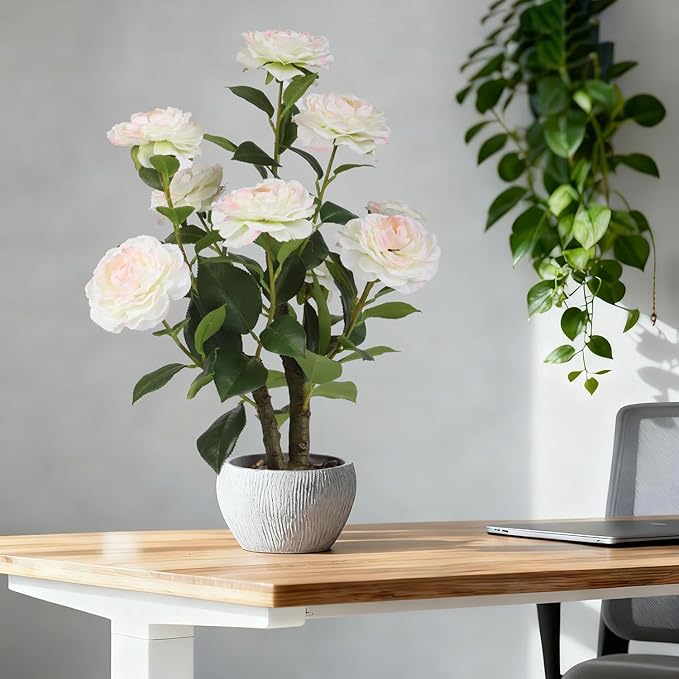 TOARTi Artificial Camellia Potted Plant with Stone Pot, 20.5" Tall Fake Potted Flowers Faux Desk Plant, Realistic Decorative Plants Indoor Decor for for Home Bedroom Bathroom Office Desk