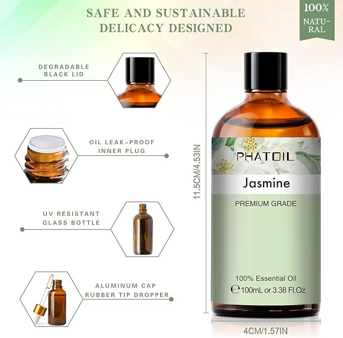PHATOIL 3.38FL.OZ Jasmine Essential Oil with Glass Dropper, for Aromatherapy Diffusers, Humidifiers, Great for DIY Candle and Soap Making, Huge 100ML Bottle
