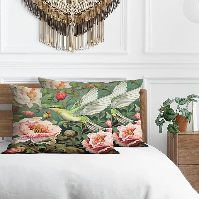 William Morris Pillow Protectors with Zipper Standard Size Hummingbird Print Pillow Covers Set of 2 Vintage Spring Floral Botanical Pillowcases Mid Century Modern Bed Pillow Covers 24"X12"