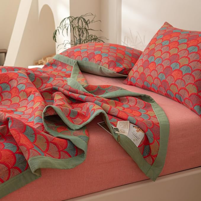 100% Cotton Muslin Blanket Jacquard Rustic Mermaid Fish Scales Quilt, Soft Bed Cover 3 Layers Reversible Bedspread Coverlet Breathable Lightweight Bedding King(98"x94"), No Pillow Sham