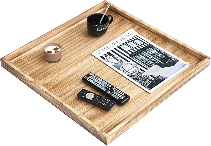 Square Wood Ottoman Serving Tray 24" - Rustic Wooden Table Tray for Farmhouse Decorative Oversized Coffee Table Trays Living Room Kitchen Counter Breakfast Nature