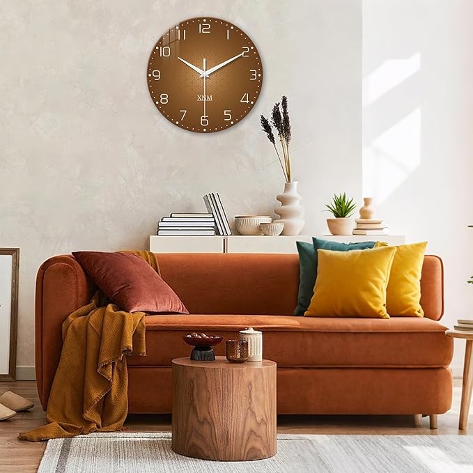 XNM Large Wall Clocks Battery Operated 16 Inch Modern Glass Wall Clock for Living Room Brown Minimalist Wall Clock Silent Non Ticking