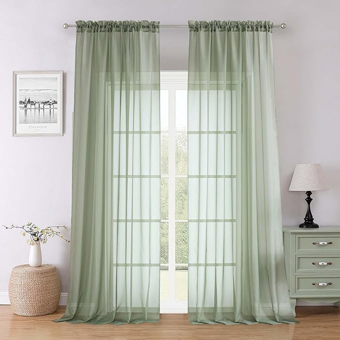 Lecloud Sage Green Sheer Curtains 96 Inches Long 2 Panels, Solid Airy Voile Dual Rod Pocket Sheer Curtains, Elegant Light Filtering Window Curtain Drapes for Living Room Bedroom Balcony, 59" W x 96" L