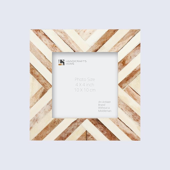 Handicrafts Home Brown Picture Frame Handmade 4x4 Bone Inlay Chevron Photo Frame- Boho Decorative Frame for Wall & Tabletop- Ideal for Living Room, Office & Bedroom Desk- Unique Artisan Holiday Gift