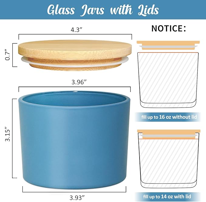 16oz Candle Jars 6 Pack, 3 Wick Matt Blue Glass Empty Candle Jars with Bamboo Lids for Candle Making, Large Wide Mouth Candle Container Bulk for 12/13/14/15oz Candles, Labels Included