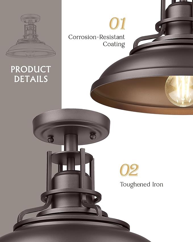 FEMILA 1-Light Semi Flush Mount Light Fixture, 12" Farmhouse Outdoor Ceiling Light for Hallway, Porch, Laundry, Foyer, Oil Rubbed Bronze Finish, 4FY15-F ORB
