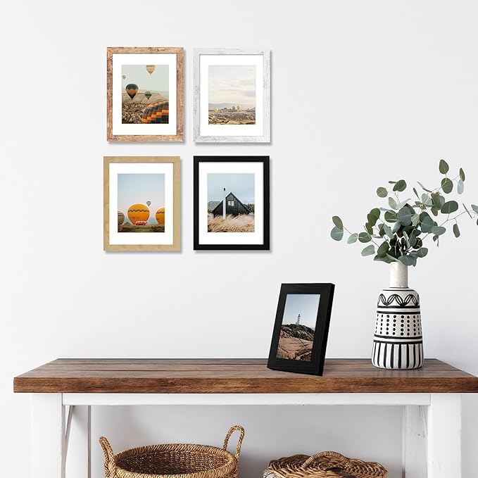 iRahmen 11x14 Picture Frame Set of 4, High Definition Tempered Glass 11 x 14 Frames Display 8x10 Pictures with Mat, Mixed Color Wood Photo Frame Wall Mounting