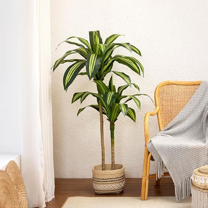 Artificial Dracaena Tree 4FT - Tall Faux Floor Plant with UV-Resistant,Artificial Plants with Lifelike Leaves,Potted Fake Trees for Home, Living Room,Indoor & Outdoor Decor,VN123(Yellow)