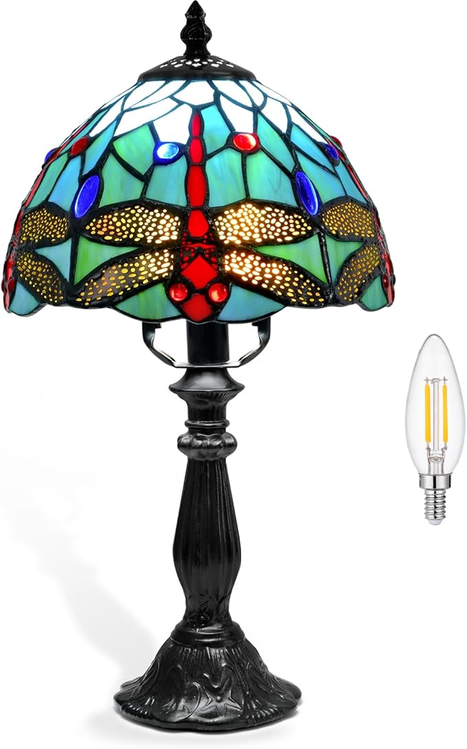 Tiffany Lamp Dragonfly Stained Glass Table Lamp, 8 Inch Antique Desk Lamp with LED Bulb, Desk Reading Light for Bedroom Living Room Office Table Lamps for Bedside Nightstand Gift