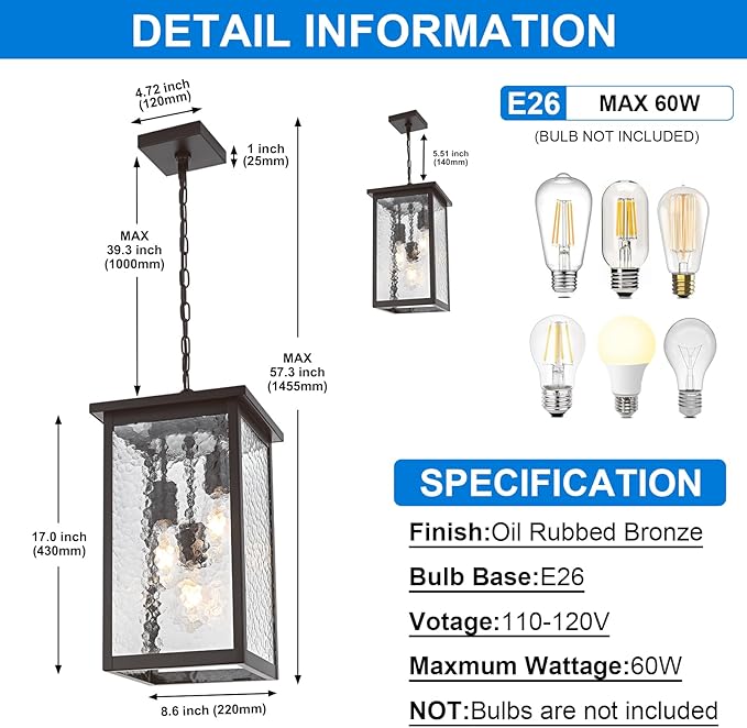 17'' Large Outdoor Indoor Pendant Light 3-Lights, Modern Black and Brushed Brass Exterior Hanging Porch Pendant Light with Hammer Glass, Outdoor Ceiling Lights for Front Entryway Gazebo Patio
