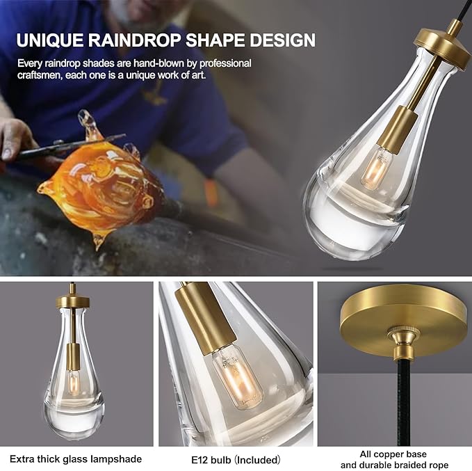 Raindrop Pendant Light Fixtures Set of 3, Brass Glass Pendant Lighting, Teardrops Pendant Lights Kitchen Island, Indoor Pendant Light for Kitchen Island Bedroom Bathroom, Included Bulb