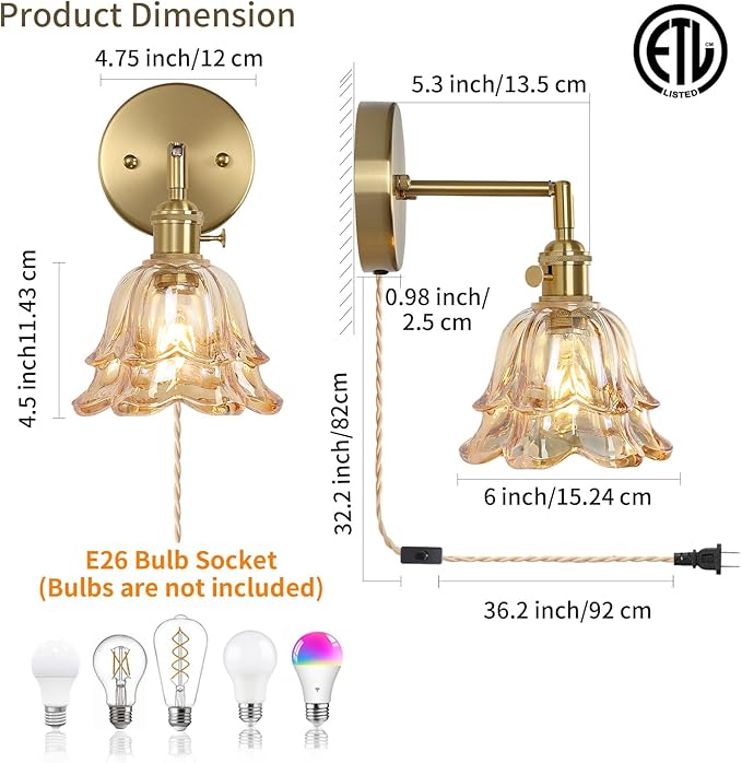 Vintage Plug in Wall Sconces Set of 2, Rose Amber Lampshade & 180 Degree Adjustable, Brass Wall Lights, for Bedroom Living Room Hallway Aisle, Bulbs Not Included, ETL Listed