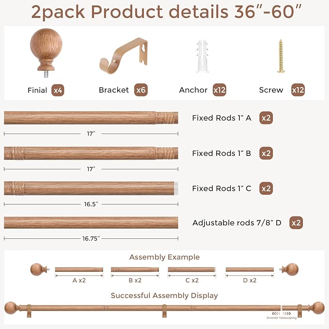 2 Pack Wood Curtain Rods for Windows 30 to 56 Inch, 1 Inch Boho Decorative Vintage Drapery Rod with Faux Wooden Grain Finial, Adjustable Heavy Duty Rustic Farmhouse Spliced Metal Curtain Pole