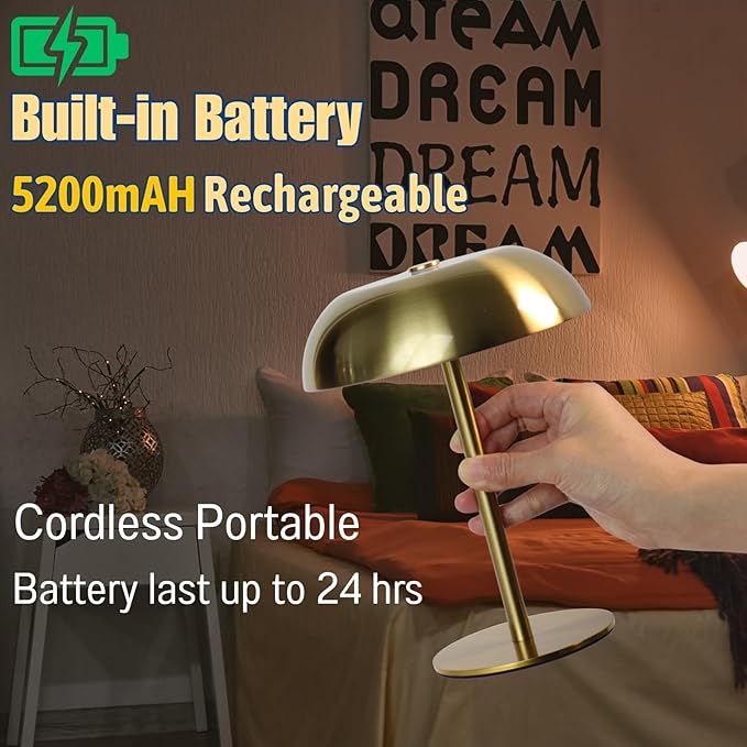 Portable LED Mushroom Table Lamp, Cordless Desk Night Light with 5200mAh Rechargeable Battery, Stepless Dimming Small Lamp with 3 Colors and Brightness Control for Bedroom/Patio/Bar/Coffee shop (Gold)
